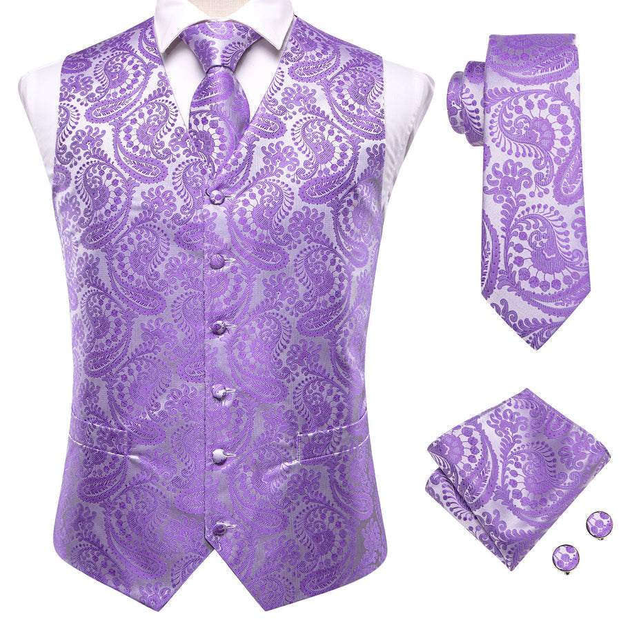 Silver Purple Paisley Jacquard Silk Vest Set vest set    - Sophisticated Gentlemen