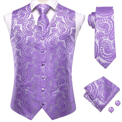 Silver Purple Paisley Jacquard Silk Vest Set vest set    - Sophisticated Gentlemen