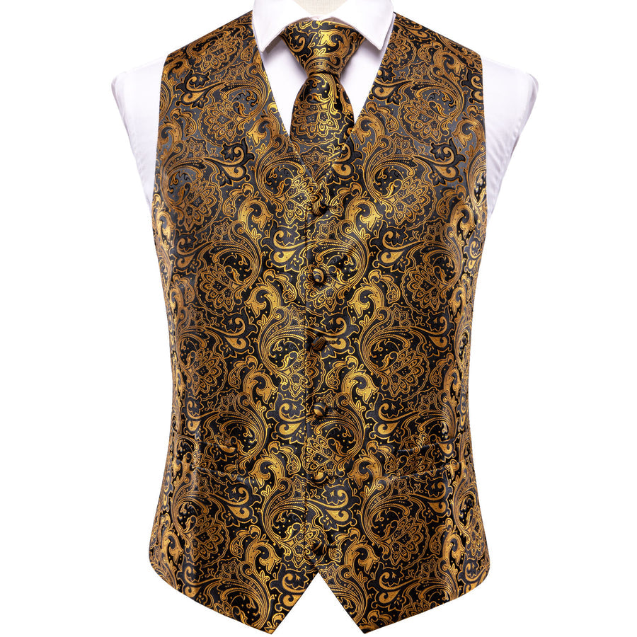 Black Golden Paisley Jacquard Silk Vest Set vest set    - Sophisticated Gentlemen