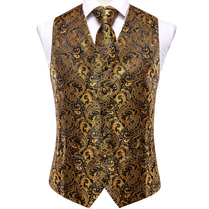Black Golden Paisley Jacquard Silk Vest Set vest set    - Sophisticated Gentlemen