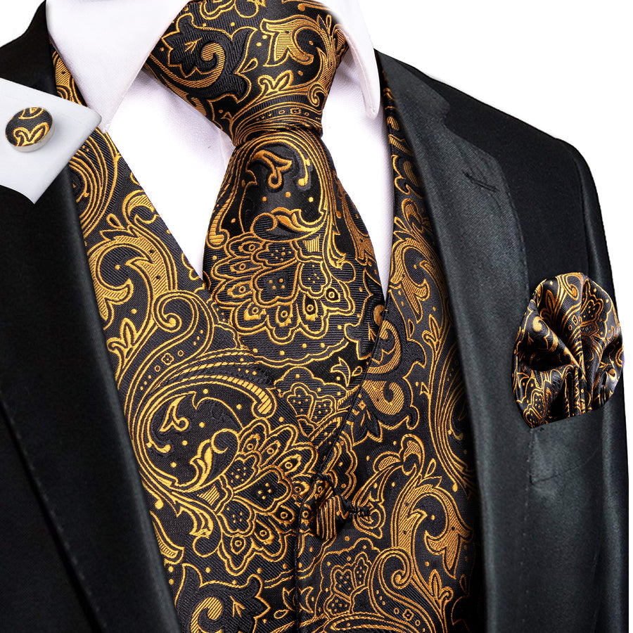 Black Golden Paisley Jacquard Silk Vest Set vest set S (Chest 40")   - Sophisticated Gentlemen