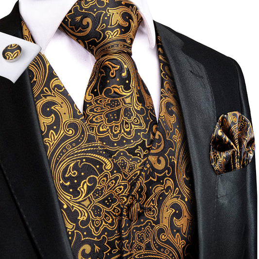 Black Golden Paisley Jacquard Silk Vest Set vest set S (Chest 40")   - Sophisticated Gentlemen