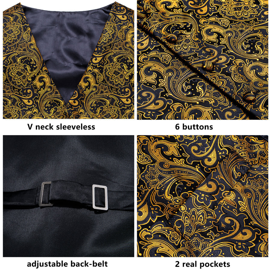 Black Golden Paisley Jacquard Silk Vest Set vest set    - Sophisticated Gentlemen