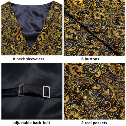 Black Golden Paisley Jacquard Silk Vest Set vest set    - Sophisticated Gentlemen