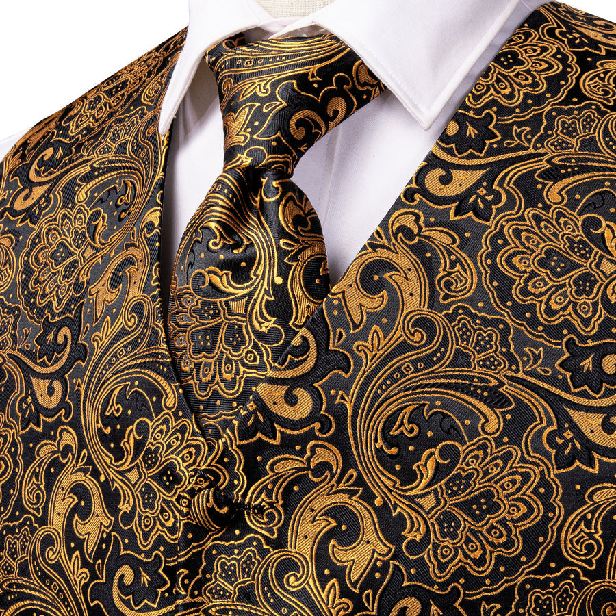 Black Golden Paisley Jacquard Silk Vest Set vest set    - Sophisticated Gentlemen