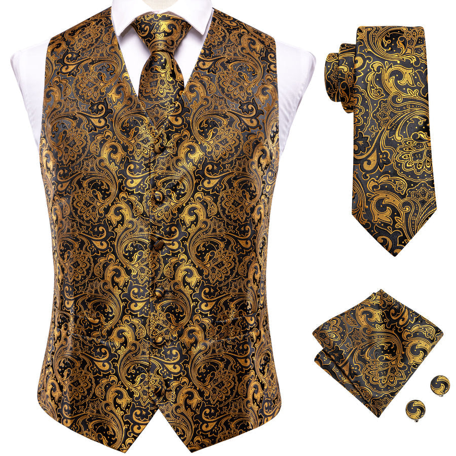 Black Golden Paisley Jacquard Silk Vest Set vest set    - Sophisticated Gentlemen