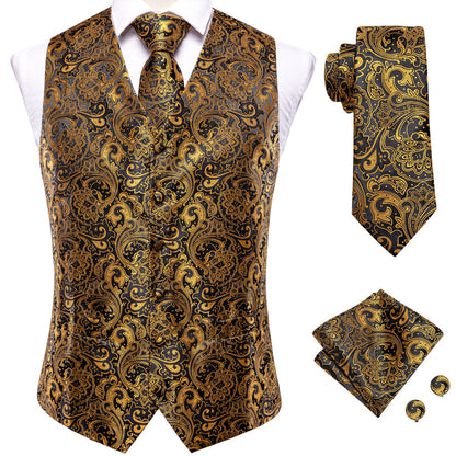 Black Golden Paisley Jacquard Silk Vest Set vest set    - Sophisticated Gentlemen