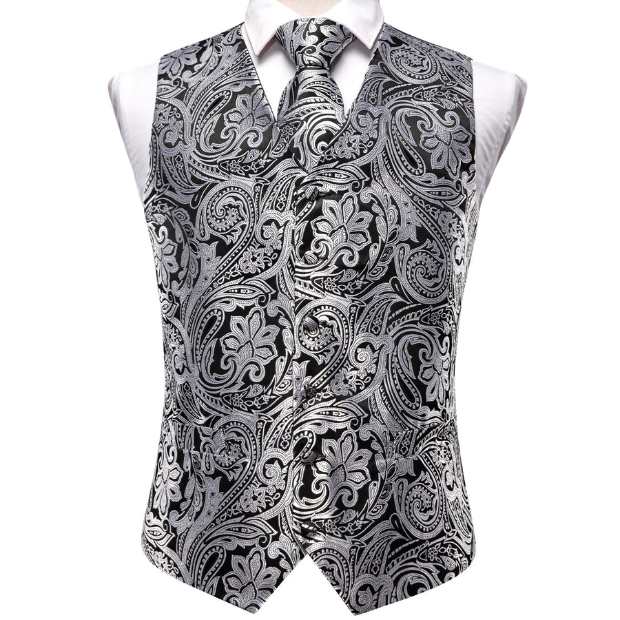 Black and White Paisley Silk 4-Piece Vest Set vest set    - Sophisticated Gentlemen