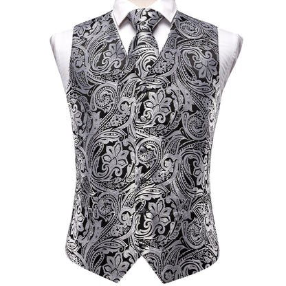 Black and White Paisley Silk 4-Piece Vest Set vest set    - Sophisticated Gentlemen