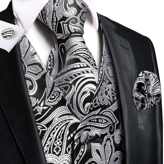 Black and White Paisley Silk 4-Piece Vest Set vest set S (Chest 40")   - Sophisticated Gentlemen