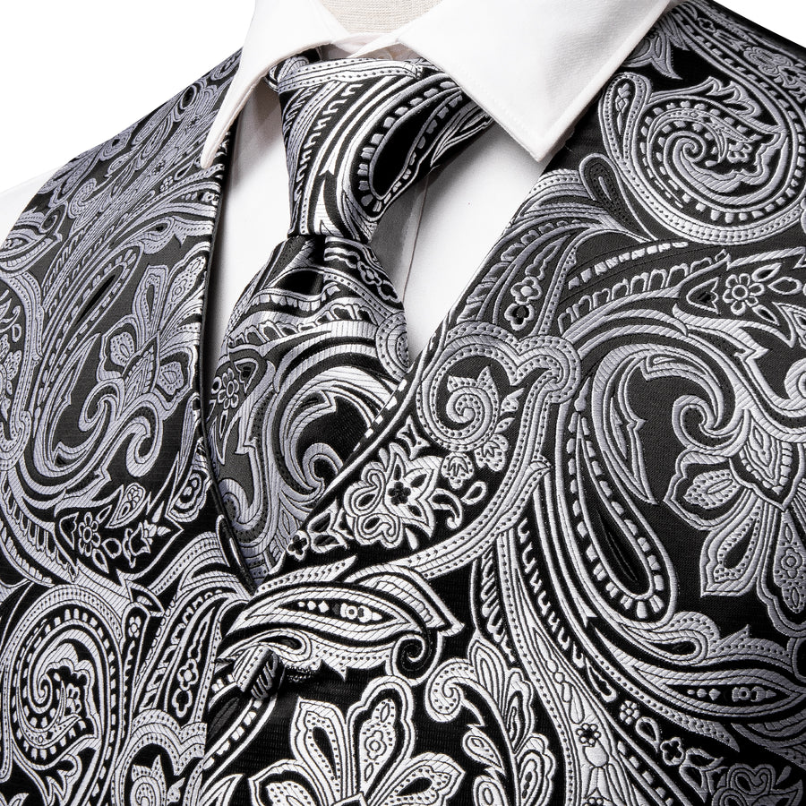 Black and White Paisley Silk 4-Piece Vest Set vest set    - Sophisticated Gentlemen