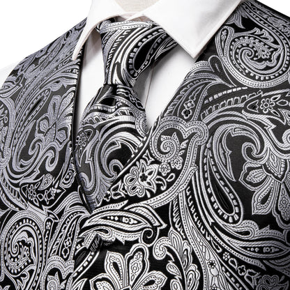 Black and White Paisley Silk 4-Piece Vest Set vest set    - Sophisticated Gentlemen