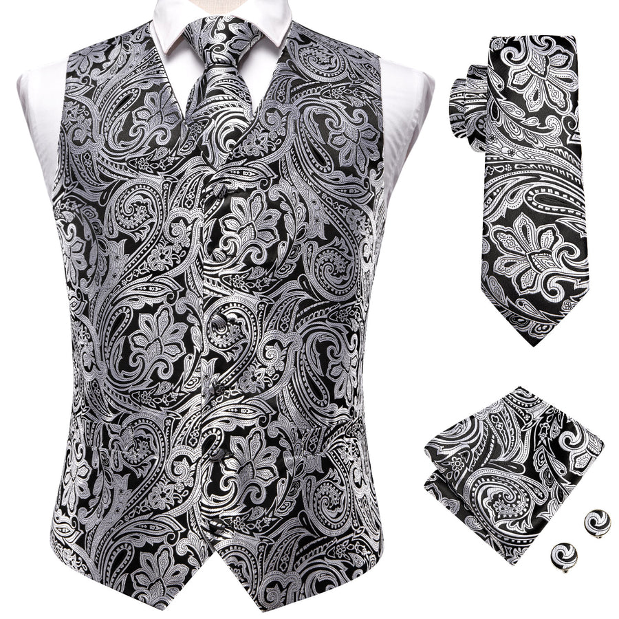 Black and White Paisley Silk 4-Piece Vest Set vest set    - Sophisticated Gentlemen