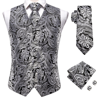 Black and White Paisley Silk 4-Piece Vest Set vest set    - Sophisticated Gentlemen