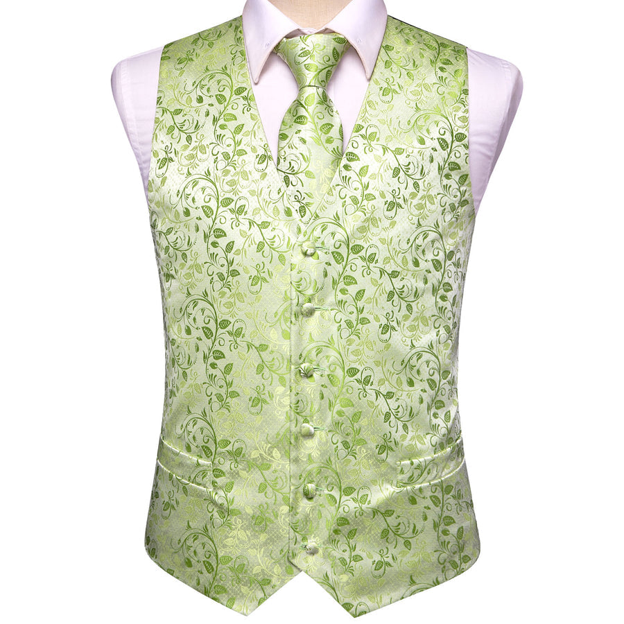 Apple Green Floral Jacquard Silk Vest Set vest set    - Sophisticated Gentlemen