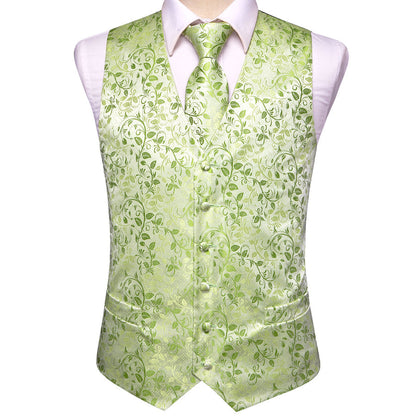 Apple Green Floral Jacquard Silk Vest Set vest set    - Sophisticated Gentlemen