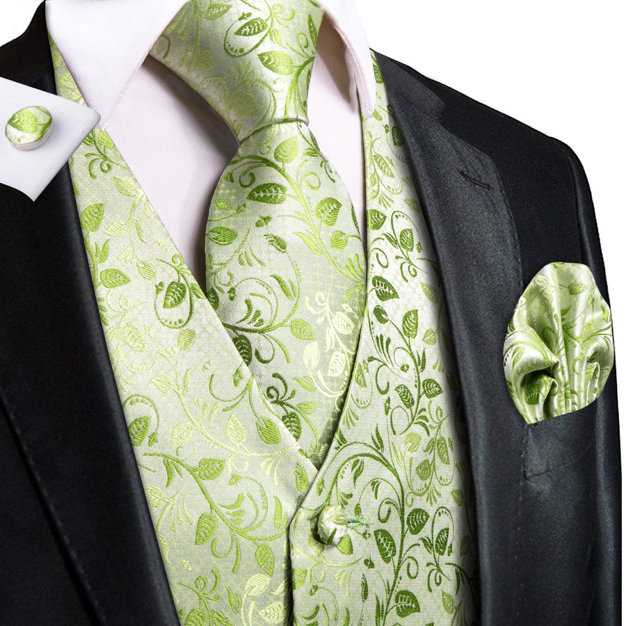 Apple Green Floral Jacquard Silk Vest Set vest set S (Chest 40")   - Sophisticated Gentlemen
