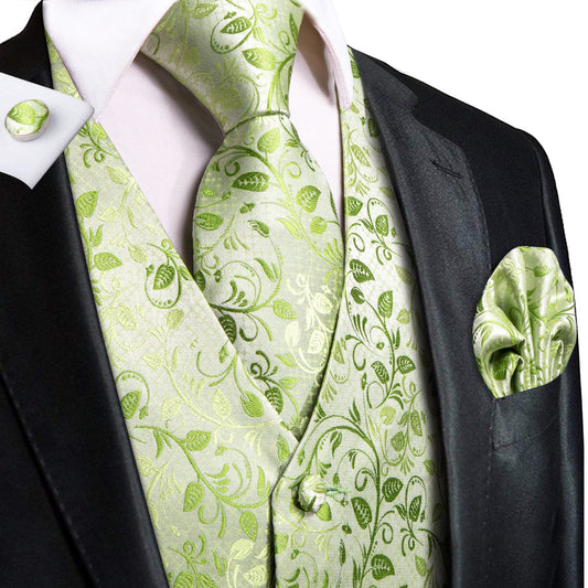 Apple Green Floral Jacquard Silk Vest Set vest set S (Chest 40")   - Sophisticated Gentlemen