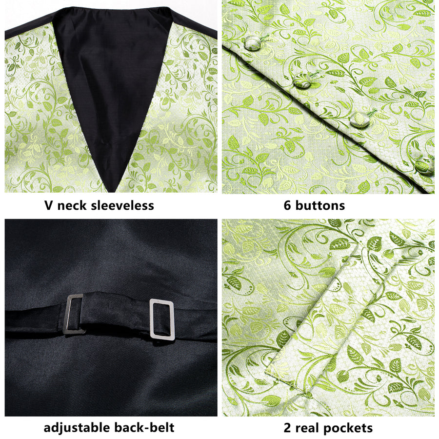 Apple Green Floral Jacquard Silk Vest Set vest set    - Sophisticated Gentlemen