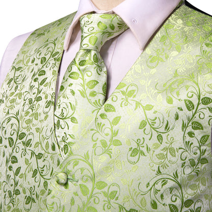 Apple Green Floral Jacquard Silk Vest Set vest set    - Sophisticated Gentlemen