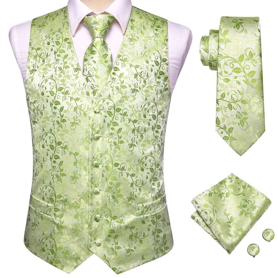 Apple Green Floral Jacquard Silk Vest Set vest set    - Sophisticated Gentlemen