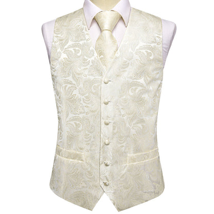 Beige White Paisley Jacquard Silk Vest Set vest set    - Sophisticated Gentlemen
