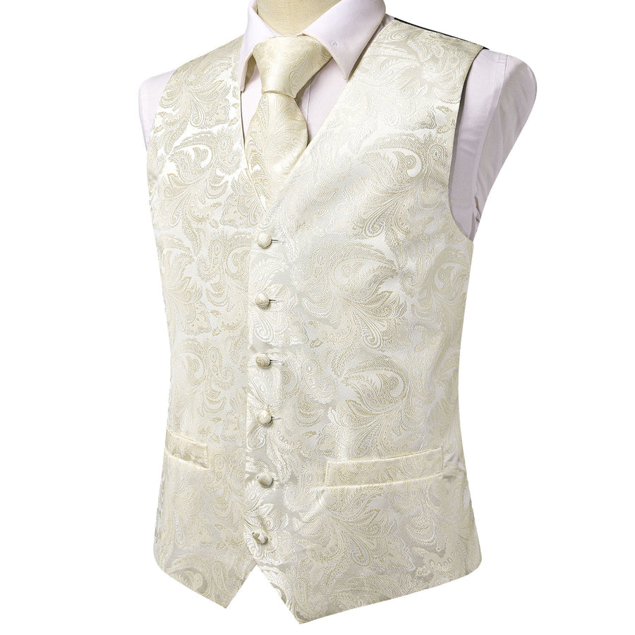 Beige White Paisley Jacquard Silk Vest Set vest set    - Sophisticated Gentlemen