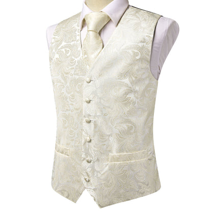 Beige White Paisley Jacquard Silk Vest Set vest set    - Sophisticated Gentlemen