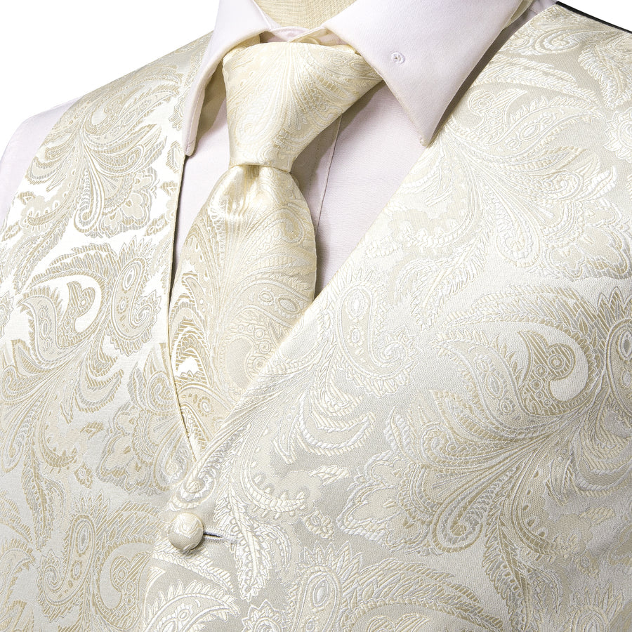 Beige White Paisley Jacquard Silk Vest Set vest set    - Sophisticated Gentlemen