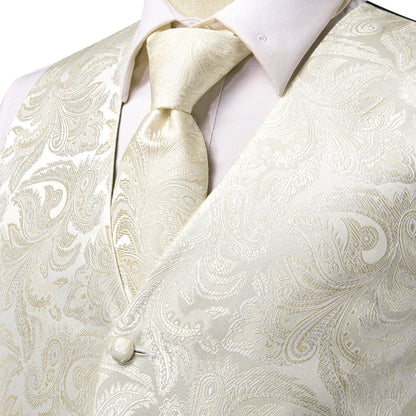 Beige White Paisley Jacquard Silk Vest Set vest set    - Sophisticated Gentlemen