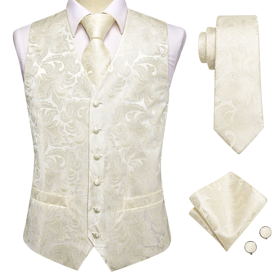 Beige White Paisley Jacquard Silk Vest Set vest set    - Sophisticated Gentlemen