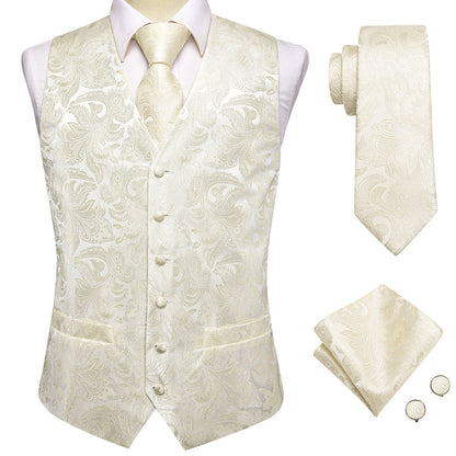 Beige White Paisley Jacquard Silk Vest Set vest set    - Sophisticated Gentlemen