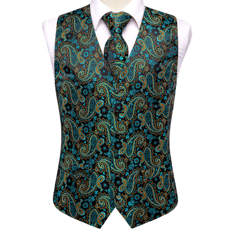 Black Lake Blue Paisley Jacquard Silk Men's Vest Set vest set    - Sophisticated Gentlemen