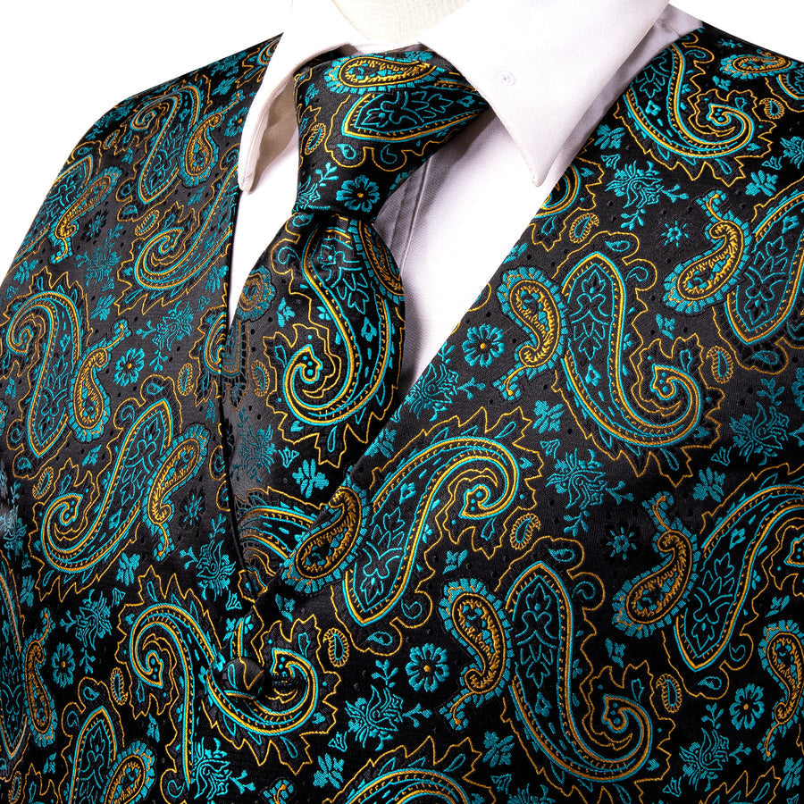 Black Lake Blue Paisley Jacquard Silk Men's Vest Set vest set    - Sophisticated Gentlemen