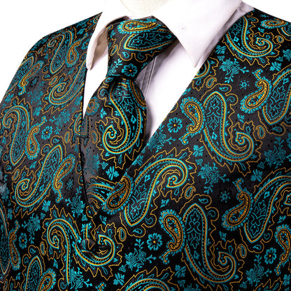 Black Lake Blue Paisley Jacquard Silk Men's Vest Set vest set    - Sophisticated Gentlemen