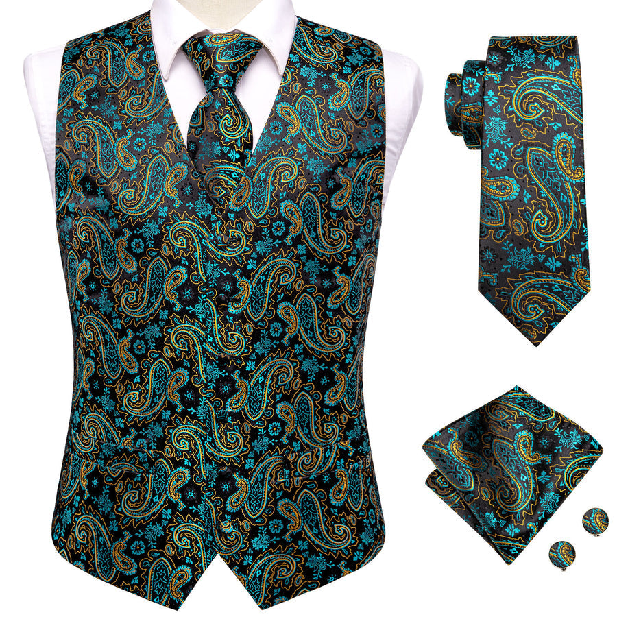 Black Lake Blue Paisley Jacquard Silk Men's Vest Set vest set    - Sophisticated Gentlemen