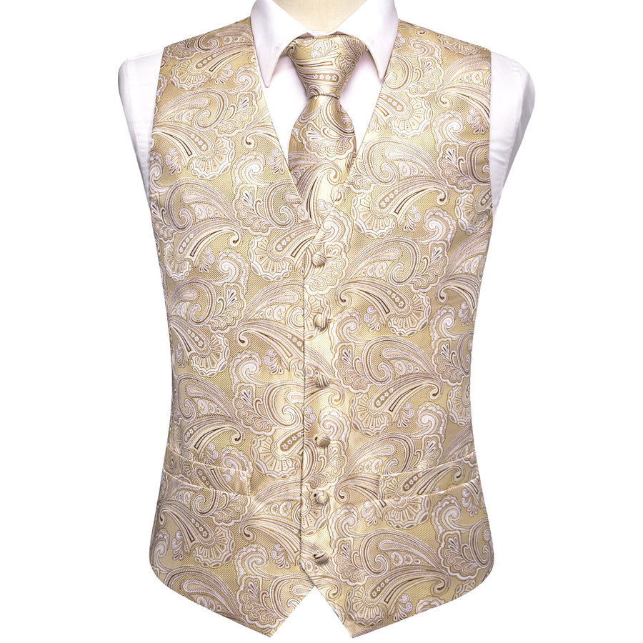 Light Champagne Paisley Jacquard Silk Vest Set vest set    - Sophisticated Gentlemen