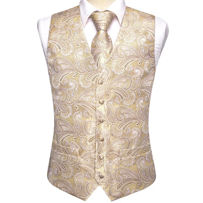 Light Champagne Paisley Jacquard Silk Vest Set vest set    - Sophisticated Gentlemen