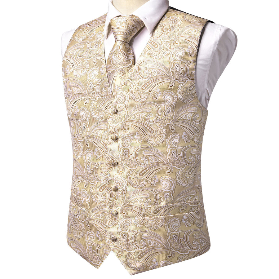 Light Champagne Paisley Jacquard Silk Vest Set vest set    - Sophisticated Gentlemen