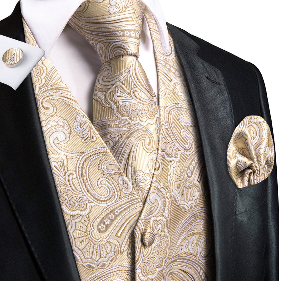 Light Champagne Paisley Jacquard Silk Vest Set vest set S (Chest 40")   - Sophisticated Gentlemen