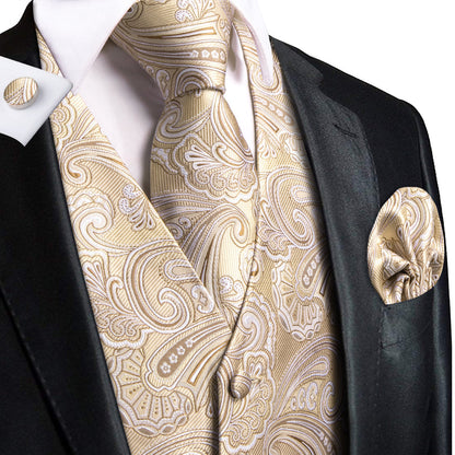 Light Champagne Paisley Jacquard Silk Vest Set vest set S (Chest 40")   - Sophisticated Gentlemen