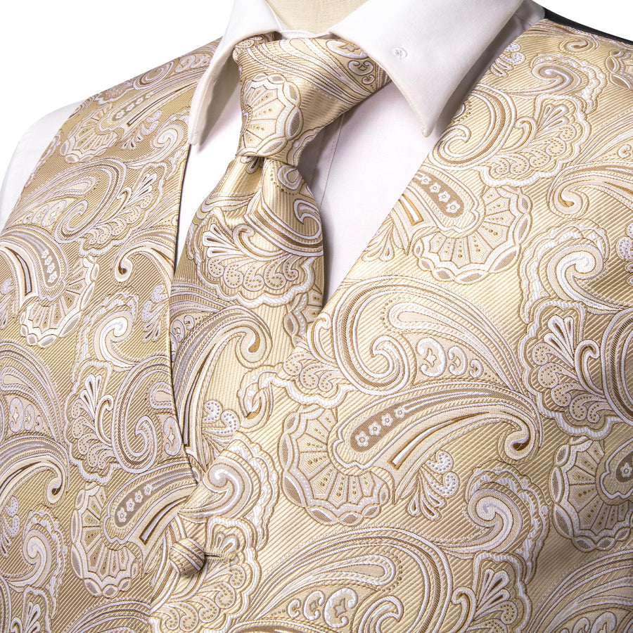 Light Champagne Paisley Jacquard Silk Vest Set vest set    - Sophisticated Gentlemen