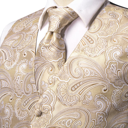 Light Champagne Paisley Jacquard Silk Vest Set vest set    - Sophisticated Gentlemen