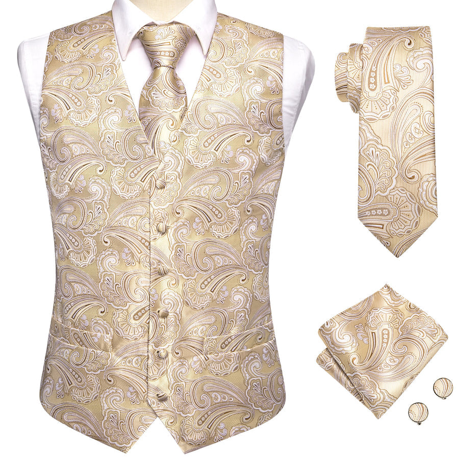 Light Champagne Paisley Jacquard Silk Vest Set vest set    - Sophisticated Gentlemen