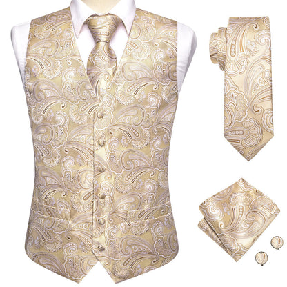 Light Champagne Paisley Jacquard Silk Vest Set vest set    - Sophisticated Gentlemen