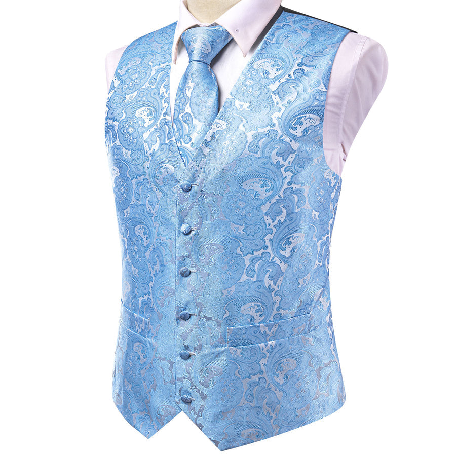 Sky Blue Paisley Jacquard Silk Vest Set vest set    - Sophisticated Gentlemen