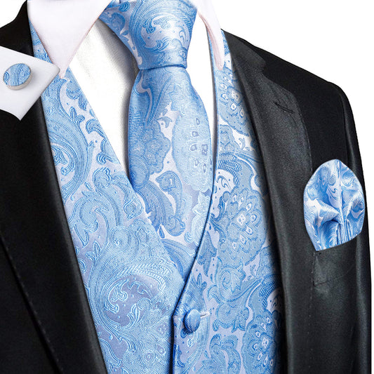 Sky Blue Paisley Jacquard Silk Vest Set vest set S (Chest 40")   - Sophisticated Gentlemen
