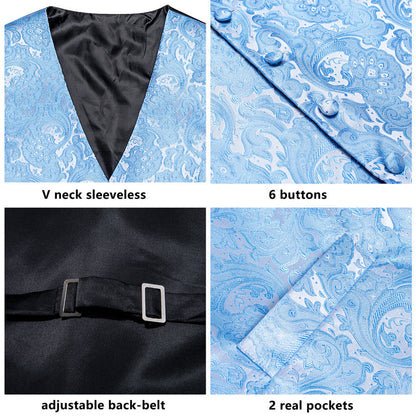 Sky Blue Paisley Jacquard Silk Vest Set vest set    - Sophisticated Gentlemen