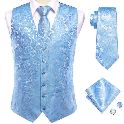 Sky Blue Paisley Jacquard Silk Vest Set vest set    - Sophisticated Gentlemen