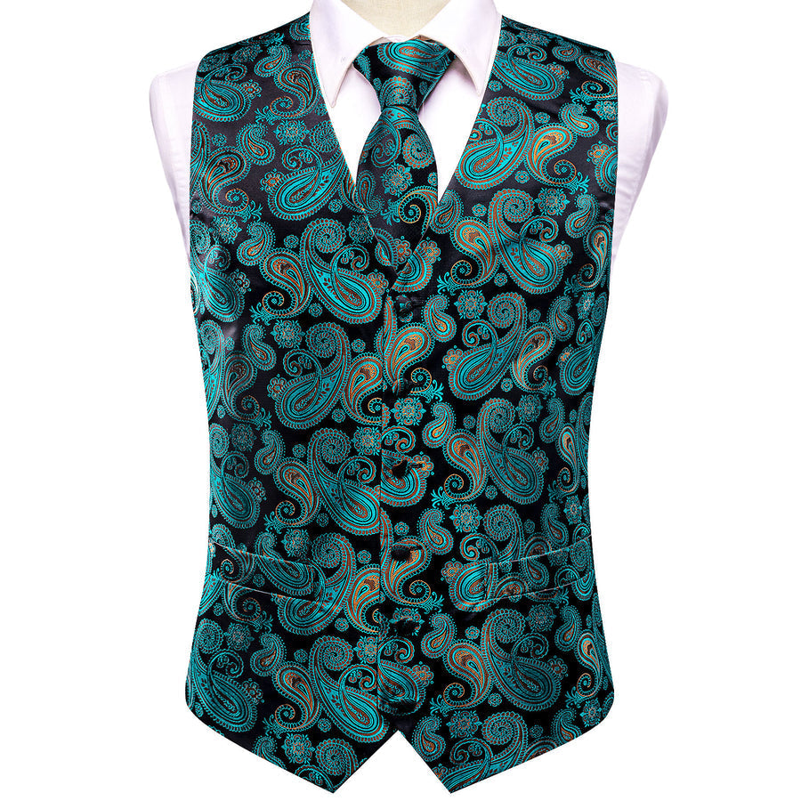 Black Green Paisley Jacquard Silk Men's Vest Set vest set    - Sophisticated Gentlemen